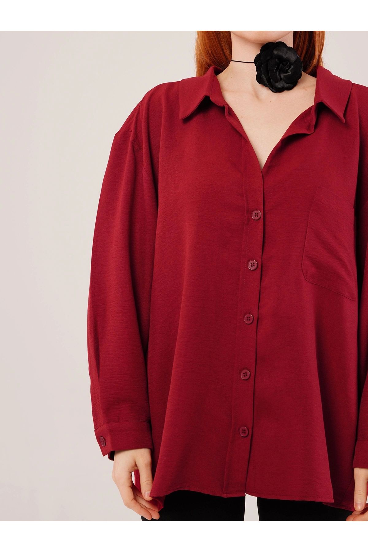 POLEXP Rahat ve Şık Bordo Oversize Gömlek