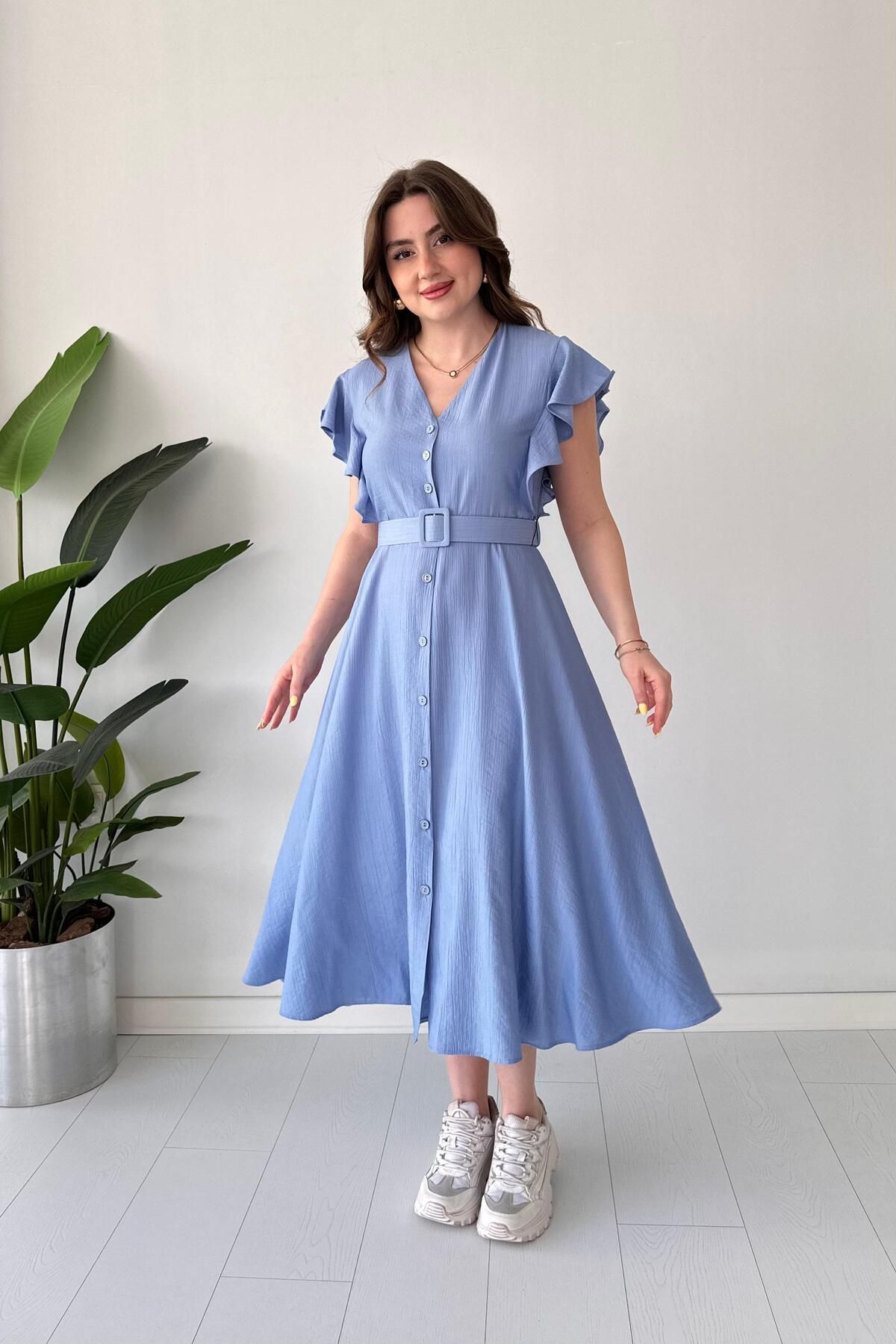 MaziButik Fırfır Kollu Dokulu Elbise Bebe Mavi