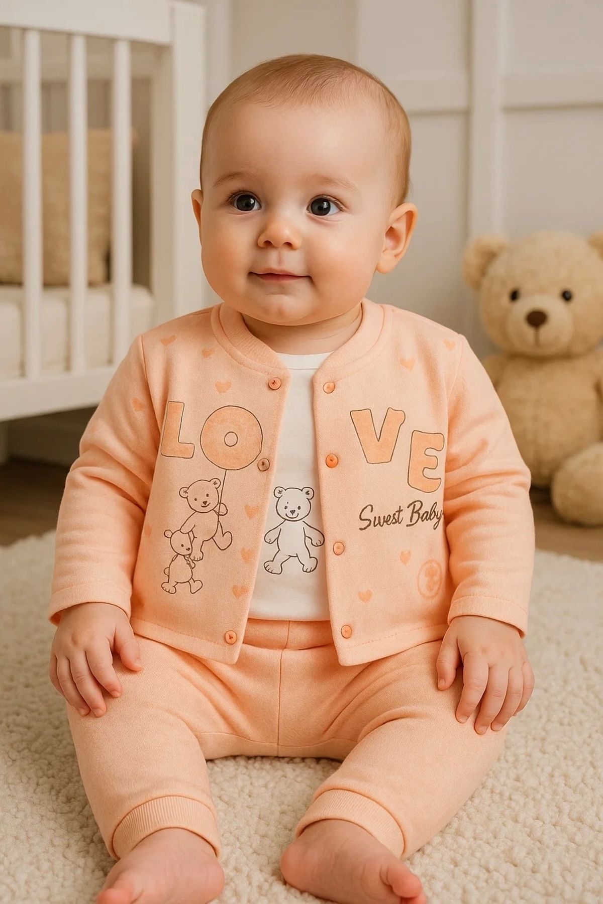 CNDR 3-9 Ay Kız Bebek Takımı Love Tavşan Kol Detay 3'lü Hırka Somon
