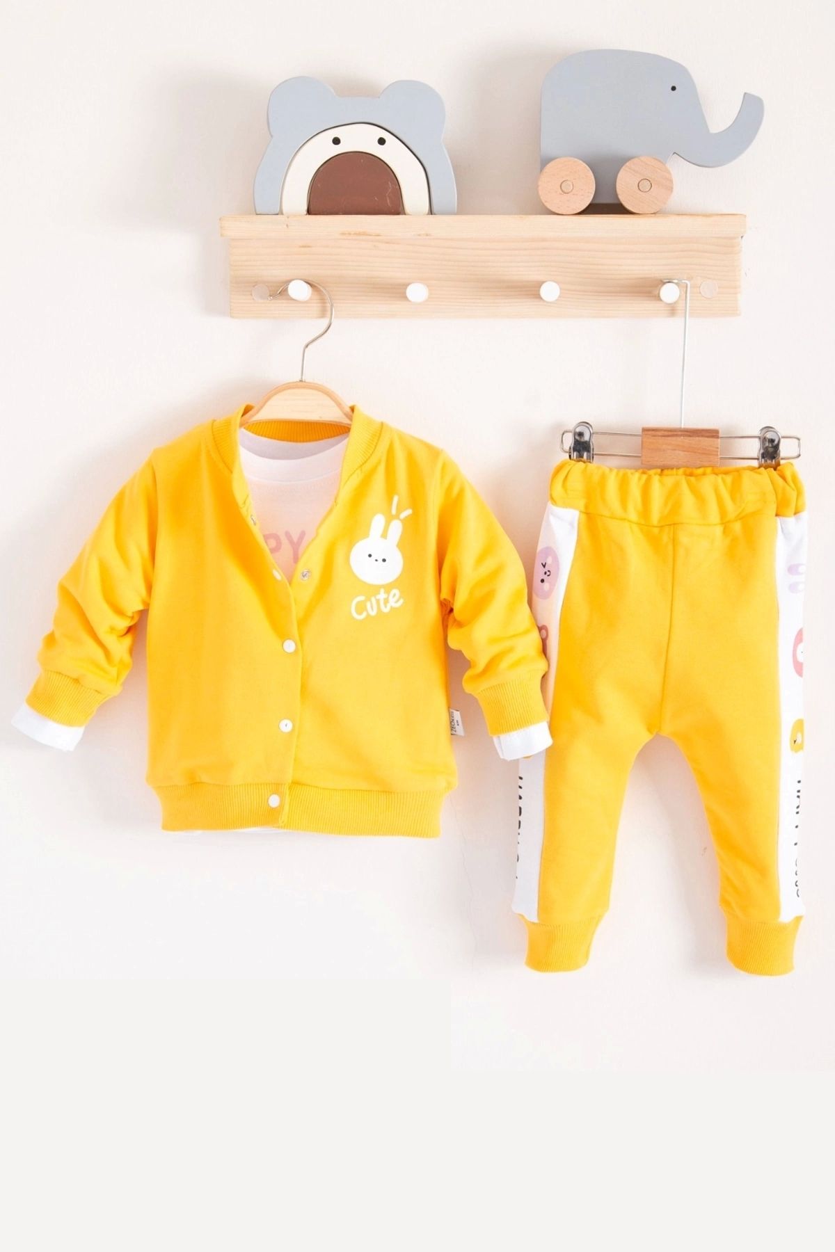 CNDR 3-18 Ay Kız Bebek Takımı Cute Funny Kapişonlu 3'lü Sarı