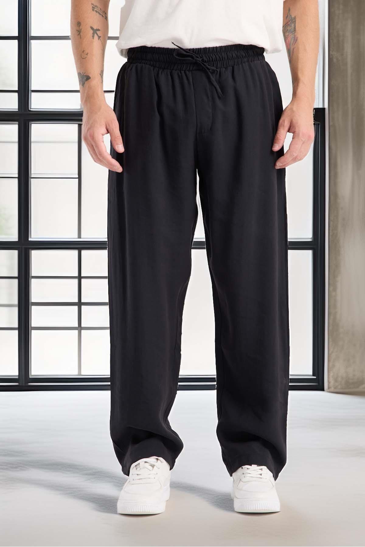 Valiberta Modal Kumaş Rahat Kalıp Düz Paça Jogger Erkek Pantolon - Siyah