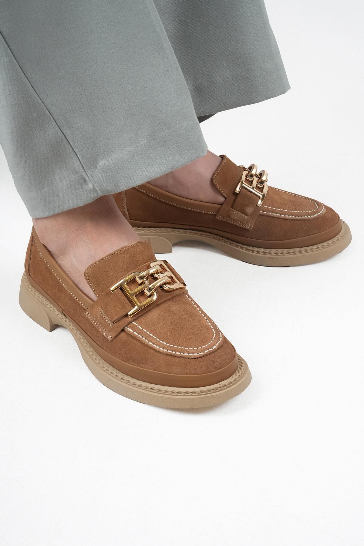 Stilbagshoes ORA HAKİKİ DERİ SÜET İTHAL TOKA DETAYLI LOAFER KADIN AYAKKABI TABA