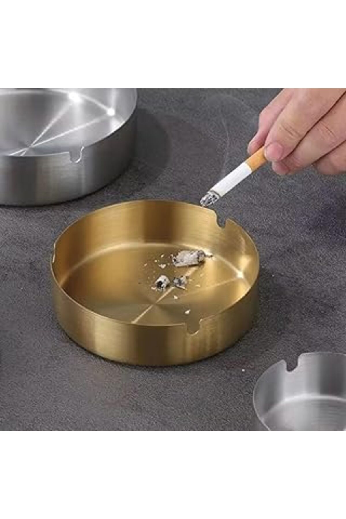 Mu Art Ahşap Fethiye Toptan Çelik Küllük Büyük Boy Kapaklı Yuvarlak Paslanmaz Kültablası Gold Altın