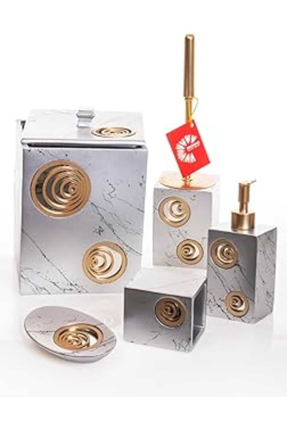 Mu Art Ahşap Mukko Home Helezon Aynali Silver & Gold Polyester 5 Prç Banyo Seti