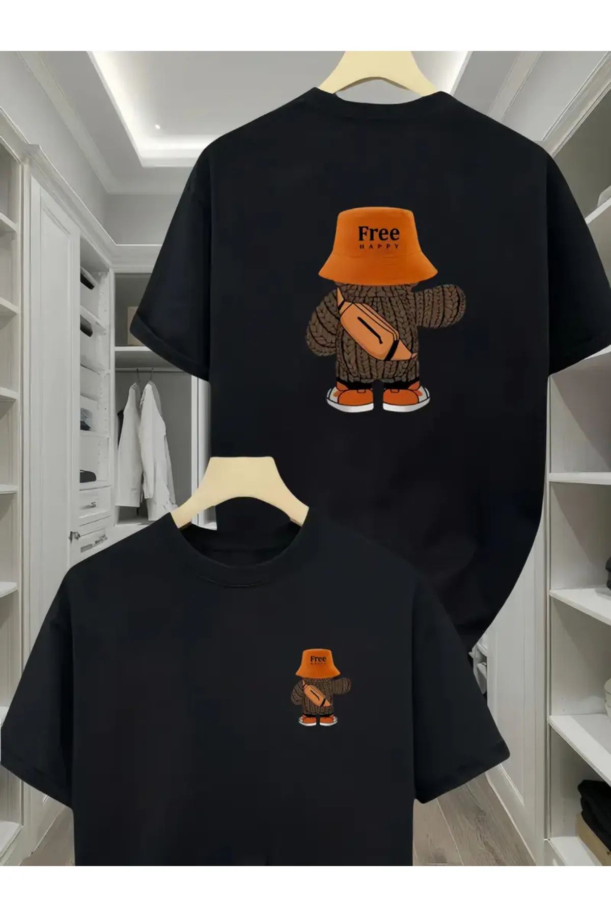 Koklonmoda Unisex Free Happy Baskılı Oversize T-Shirt