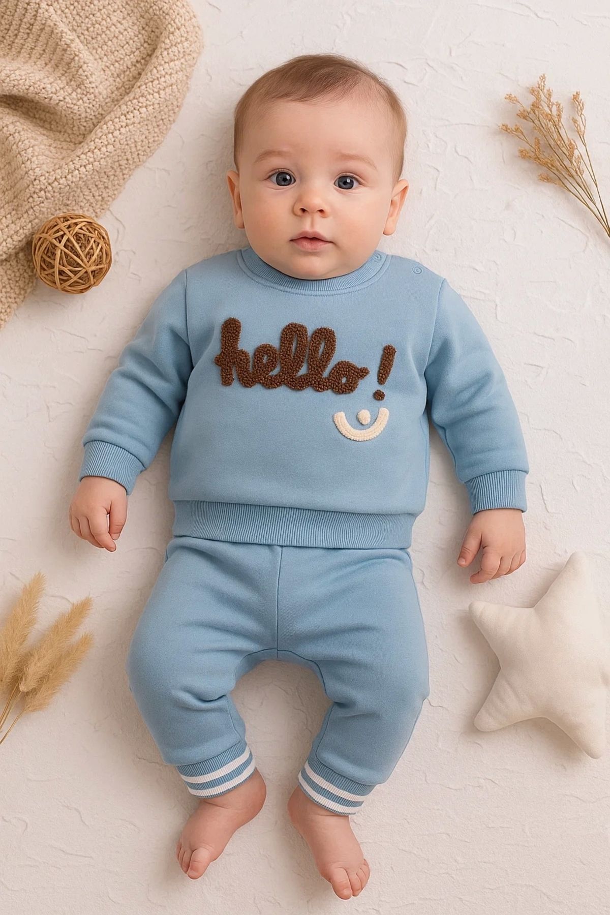 CNDR 3-18 Ay Erkek Bebek Takımı Hello Nakışlı 2'li Mavi
