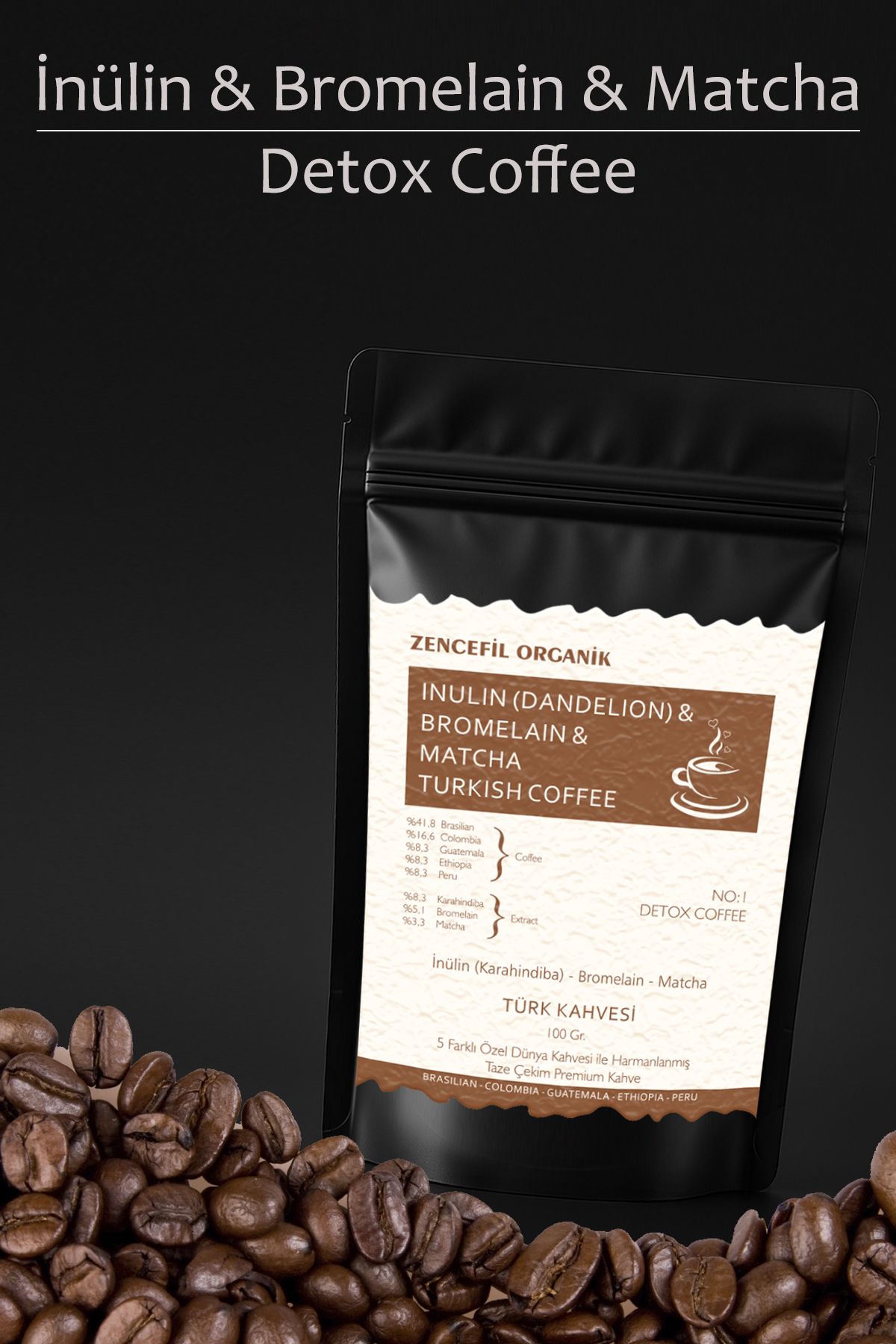 Zencefil Organik İnülin Ve Bromelain Coffee Türk Kahvesi 100 Gr. Karahindiba & Bromelain & Matcha Kahvesi