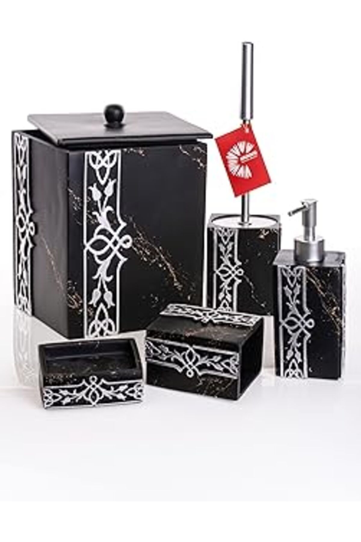 Mu Art Ahşap Mukko Home Lale Siyah & Gümüş 5 Parça Banyo Seti