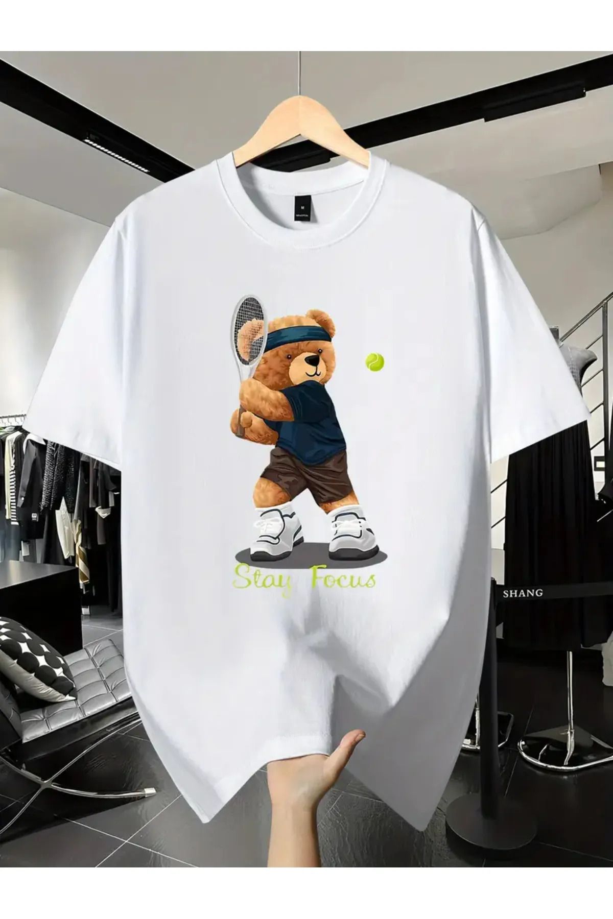 Koklonmoda Büyük Beden Unisex Tennis Bear Baskılı Oversize T-Shirt