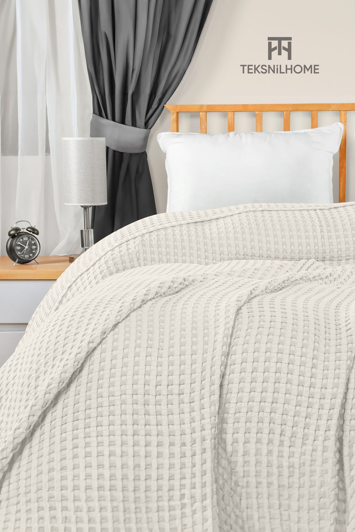 TeksNil Home | %100 Pamuk Waffle Desen Tek Kişilik Krem Pike | Yatak Örtüsü | 160x230 | Çok Amaçlı Örtü