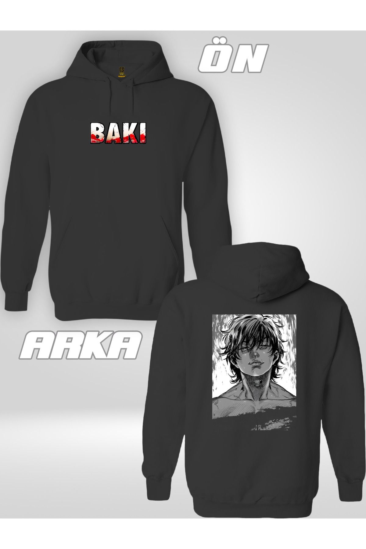 Pisa Art BAKİ Baskılı Anime Tasarım Erkek-Kadın-Unisex Siyah Kapüşonlu Sweatshirt Hoodie