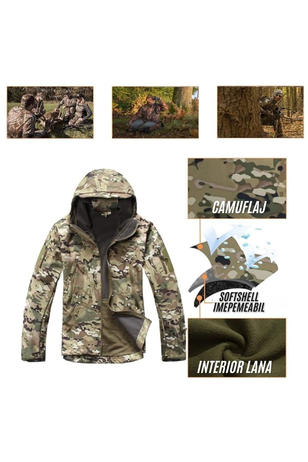 Hipolar-Jacket for Autumn-Winter, Size M, Softshell with Fleece Interior, Camouflage Multicam, Waterproof an 6