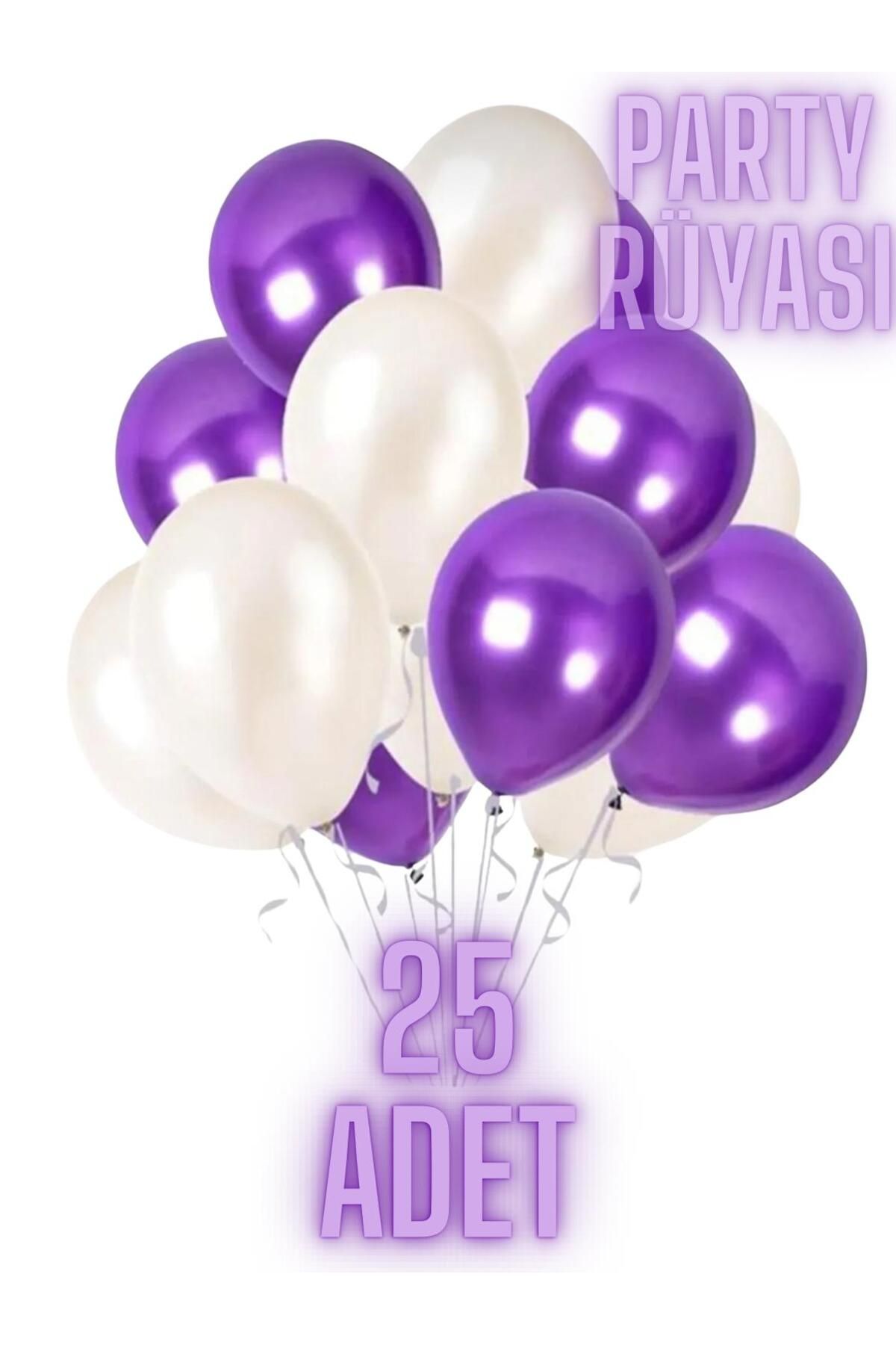 partyrüyası 25 Adet Mor-Beyaz Metalik Balon 12 Inç Metalik Ekstra Parlak Renk