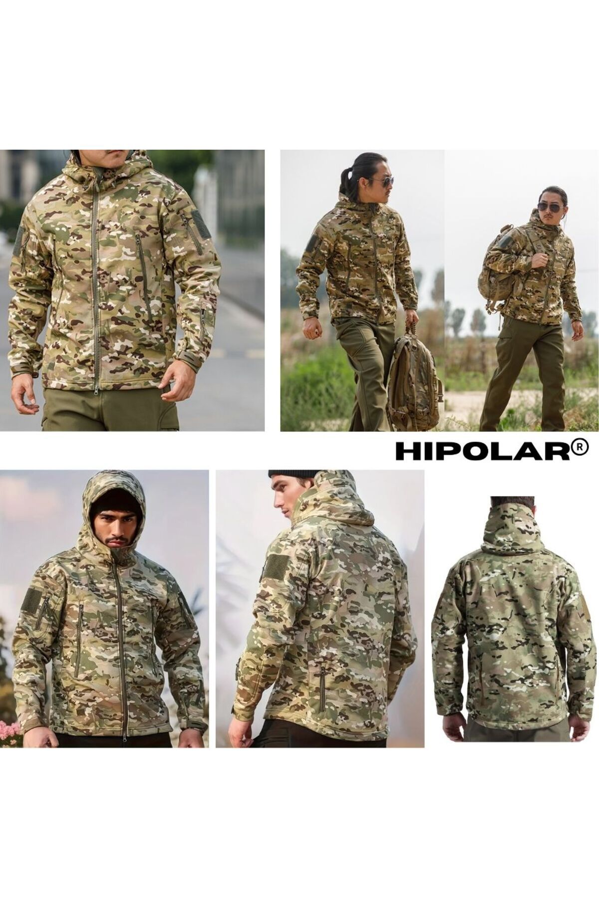 Hipolar-Jacket for Autumn-Winter, Size M, Softshell with Fleece Interior, Camouflage Multicam, Waterproof an 2