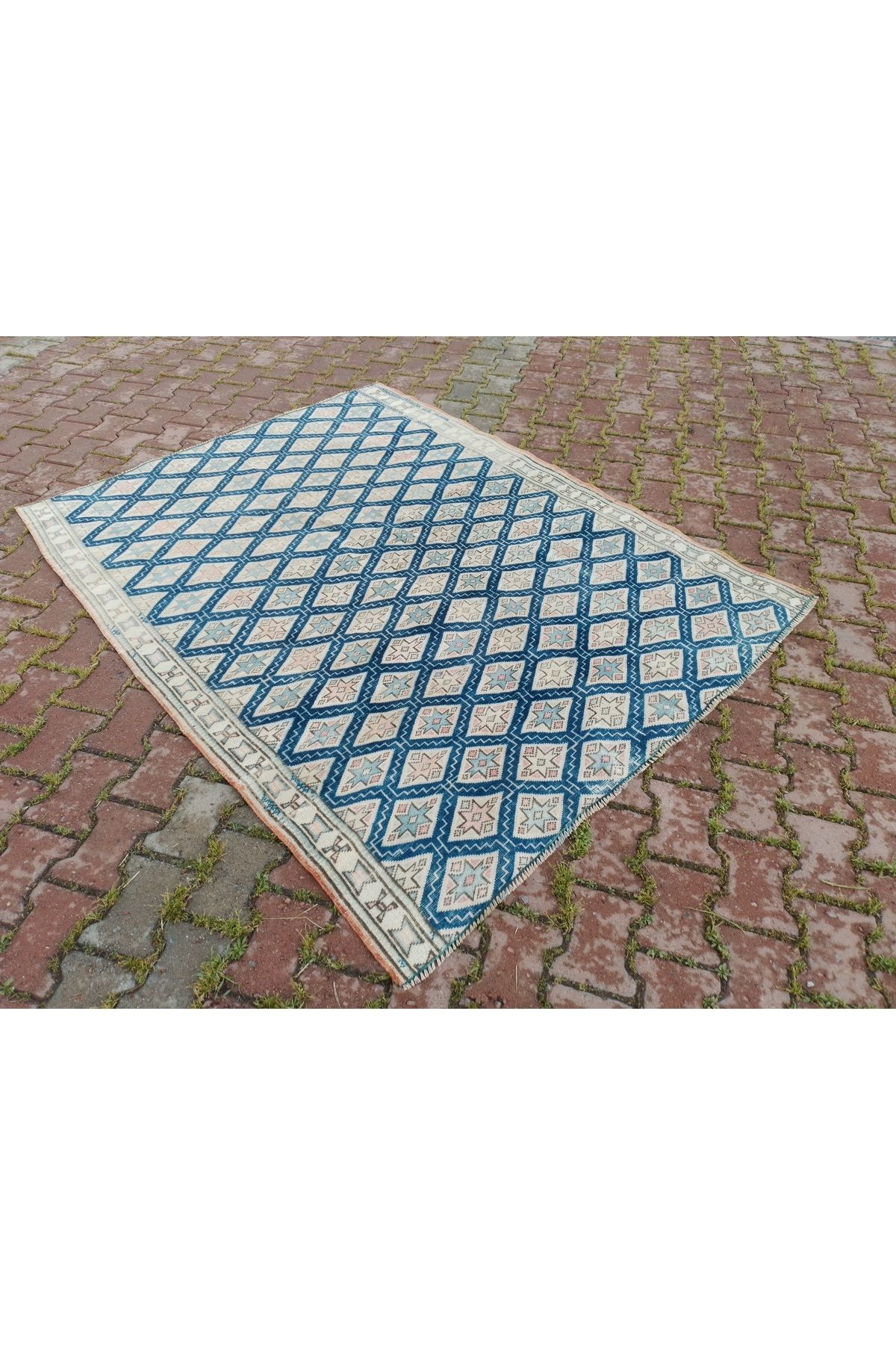 ŞAHMERDANOĞLU 205 x 160 Cm El Yapımı Anadolu Yün Halı, Pembe & Mavi Renkli Eskitme Oturma Oda Halısı 8650
