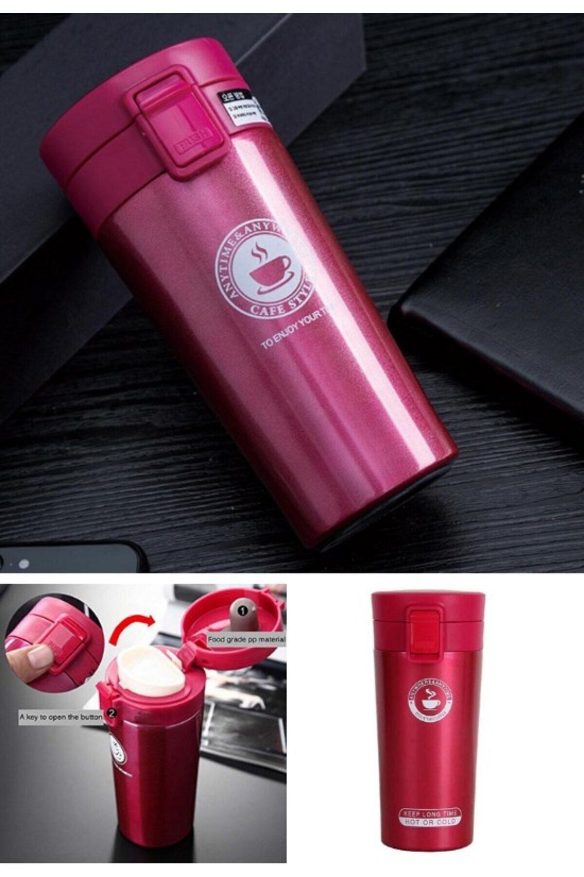 Kesene 12 Saate Kadar Sıcak Soğuk Tutma Filtreli Çift Katmanlı Pembe Mug Termos SUS 304 380 ML
