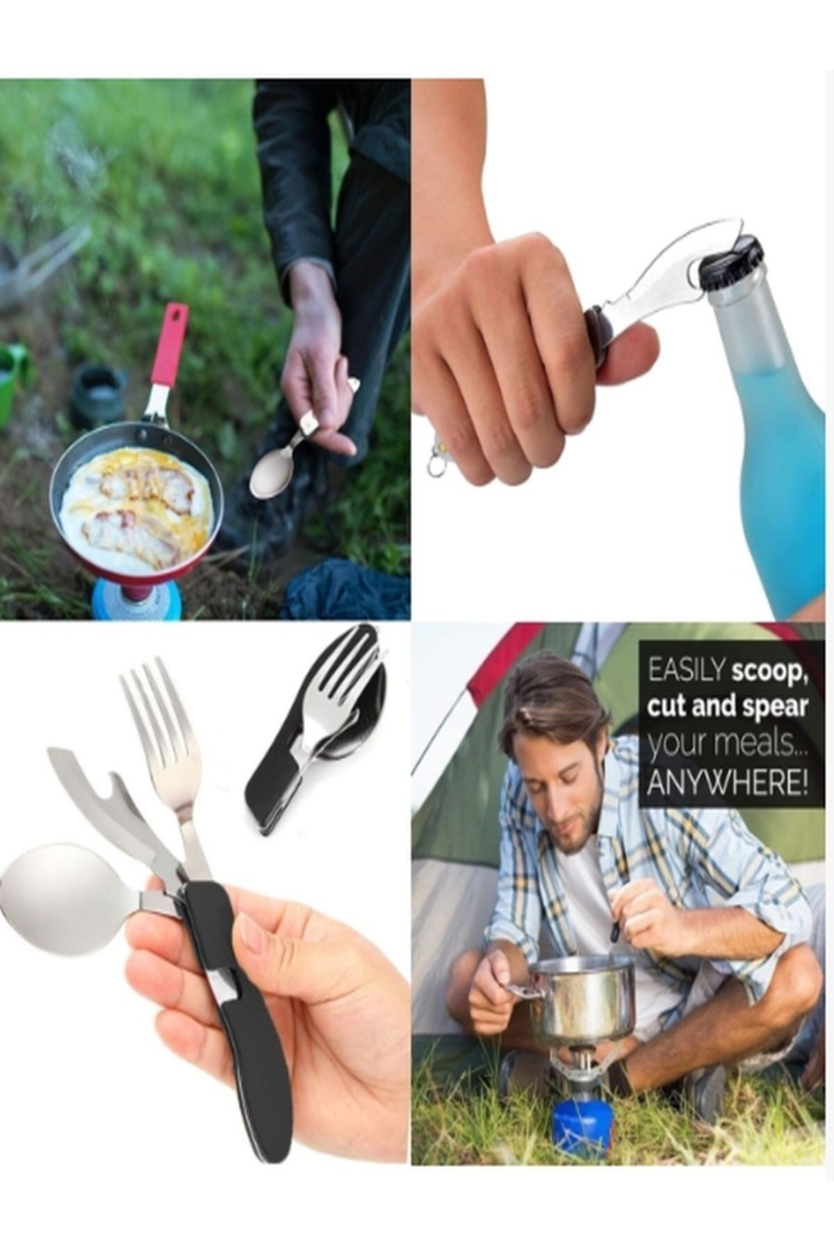 Kesene Katlanabilir ve Ayrılabilir Kamp Yemek Outdoor 3'ü 1 Arada Kaşık Çatal Bıçak Açacak Takımı
