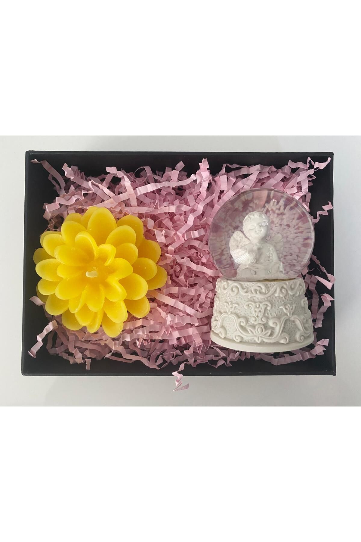 hediport Melek Temalı Minik Kar Küresi ( 7cm ) - Sarı Gül Tasarımlı Mum