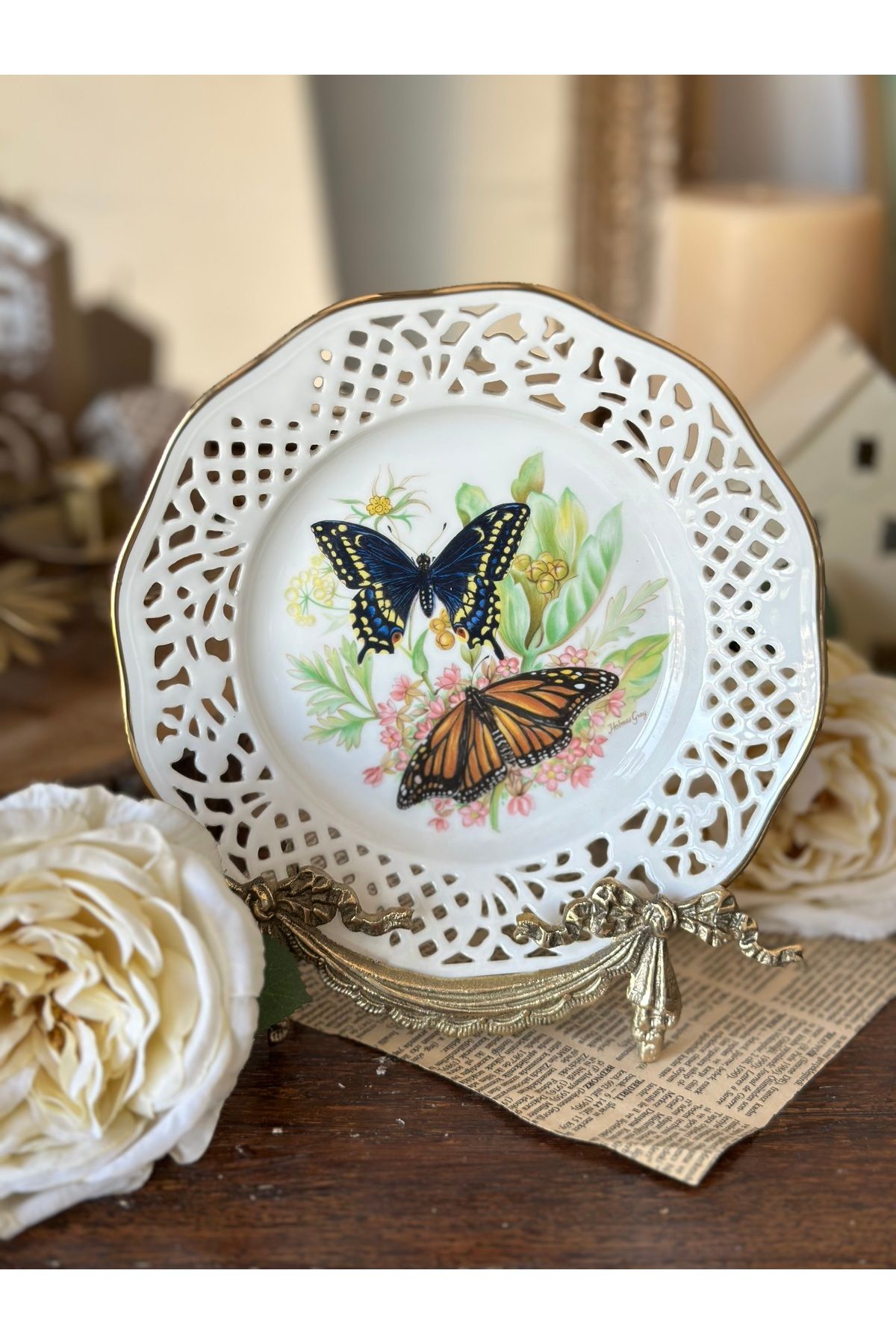 Handmadesign-Set of 3 Antique Openwork Porcelain Butterfly Flower Pattern Presentation Wall Plates 19,5 cm 3