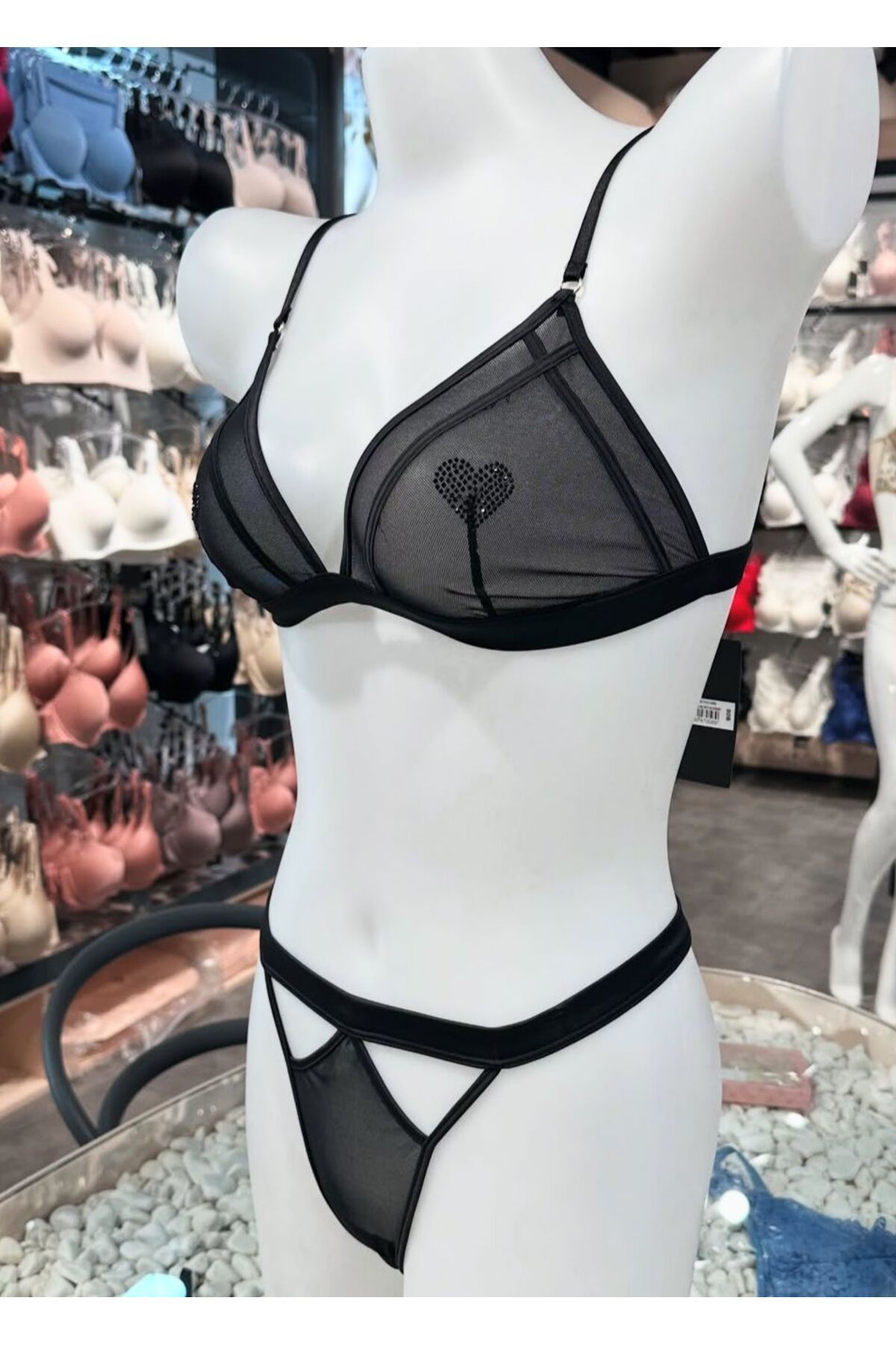 Gamze Day's Lingerie Siyah Kalp Taş Detaylı Kapsız Balensiz İç Çamaşırı Takım