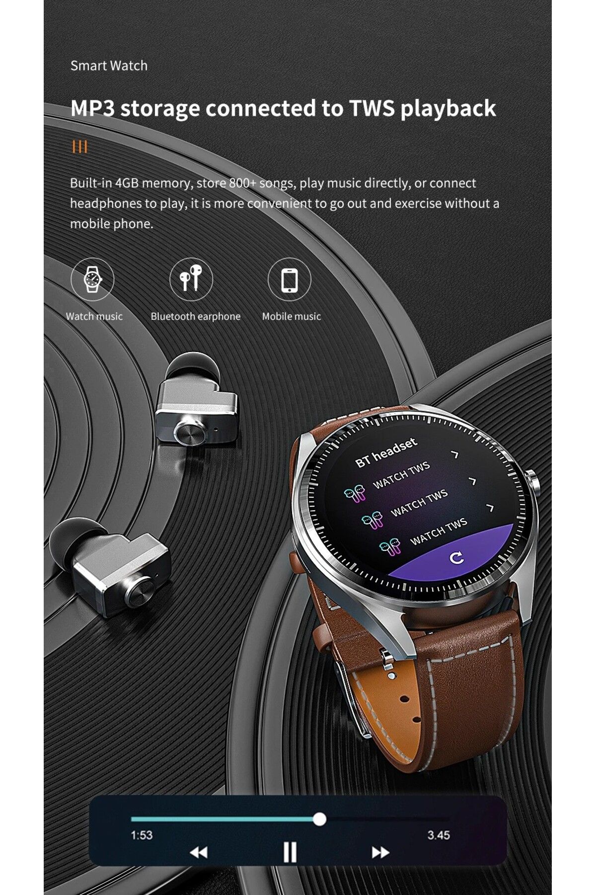 zeevos-f26 smartwatch with built-in Bluetooth headphones, NFC, 4G internal memory, Bluetooth call, 9