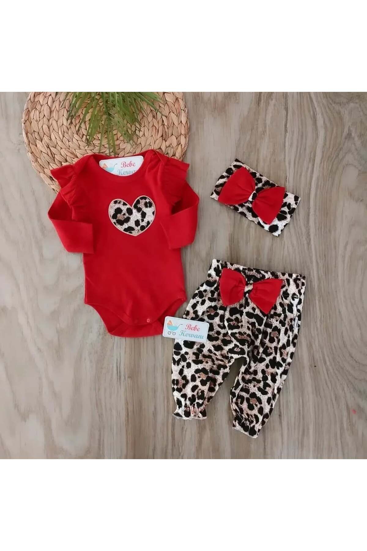 bebe kervanı Kız Bebek %100 Pamuklu Kırmızı Leopar Çıtçıtlı Badi Takım BBK964