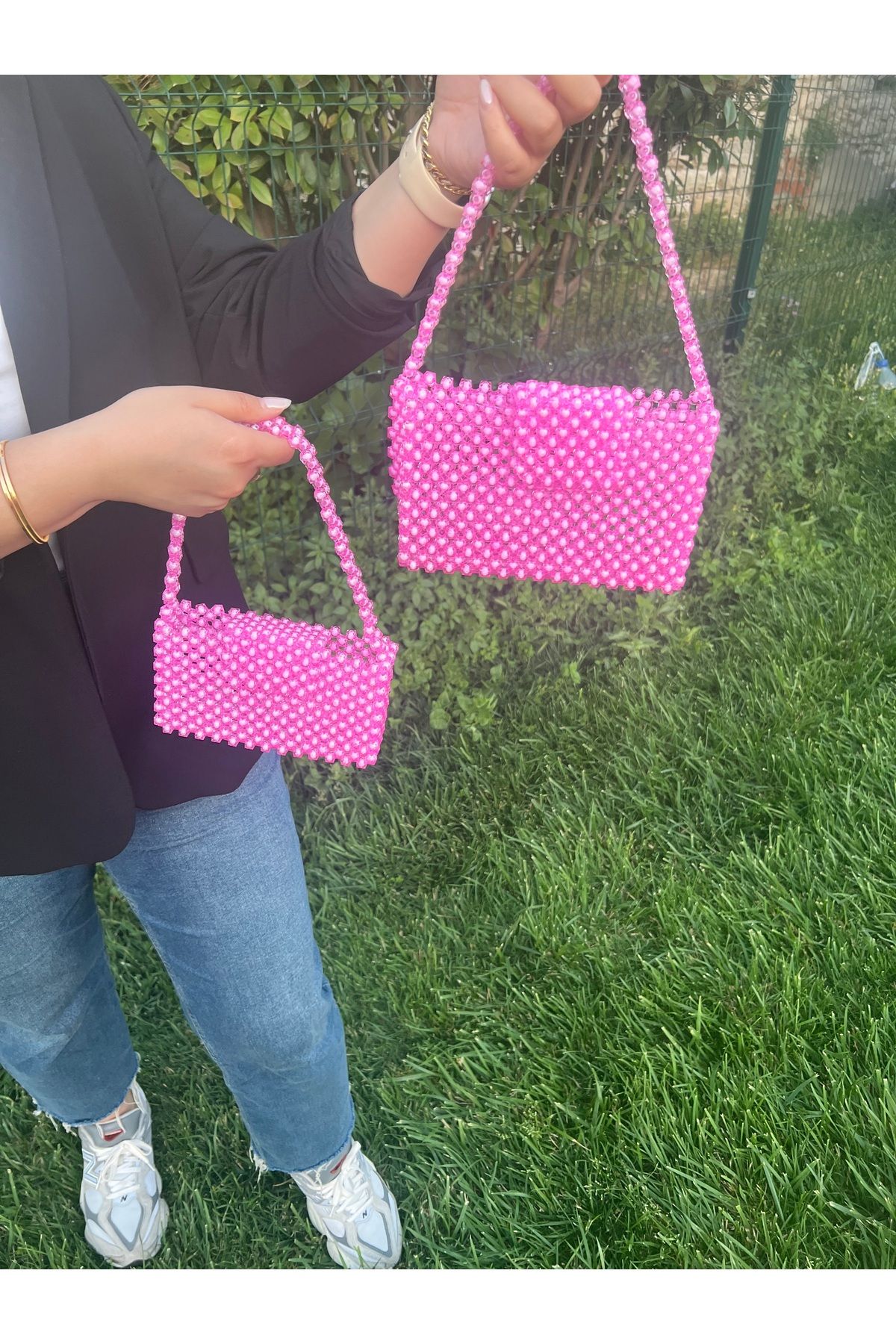 GÖKÇEBUTİKS Özel Tasarım Pembe Boncuk Anne & Kız Kombin El Çantası