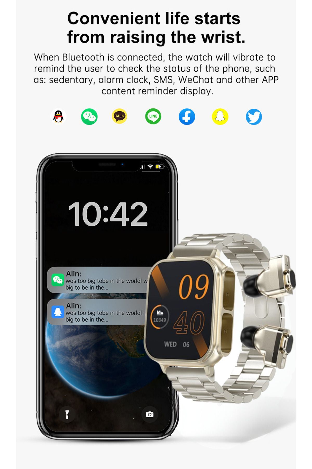 zeevos-n22 smartwatch with built-in Bluetooth headphones, NFC, Bluetooth call, 9