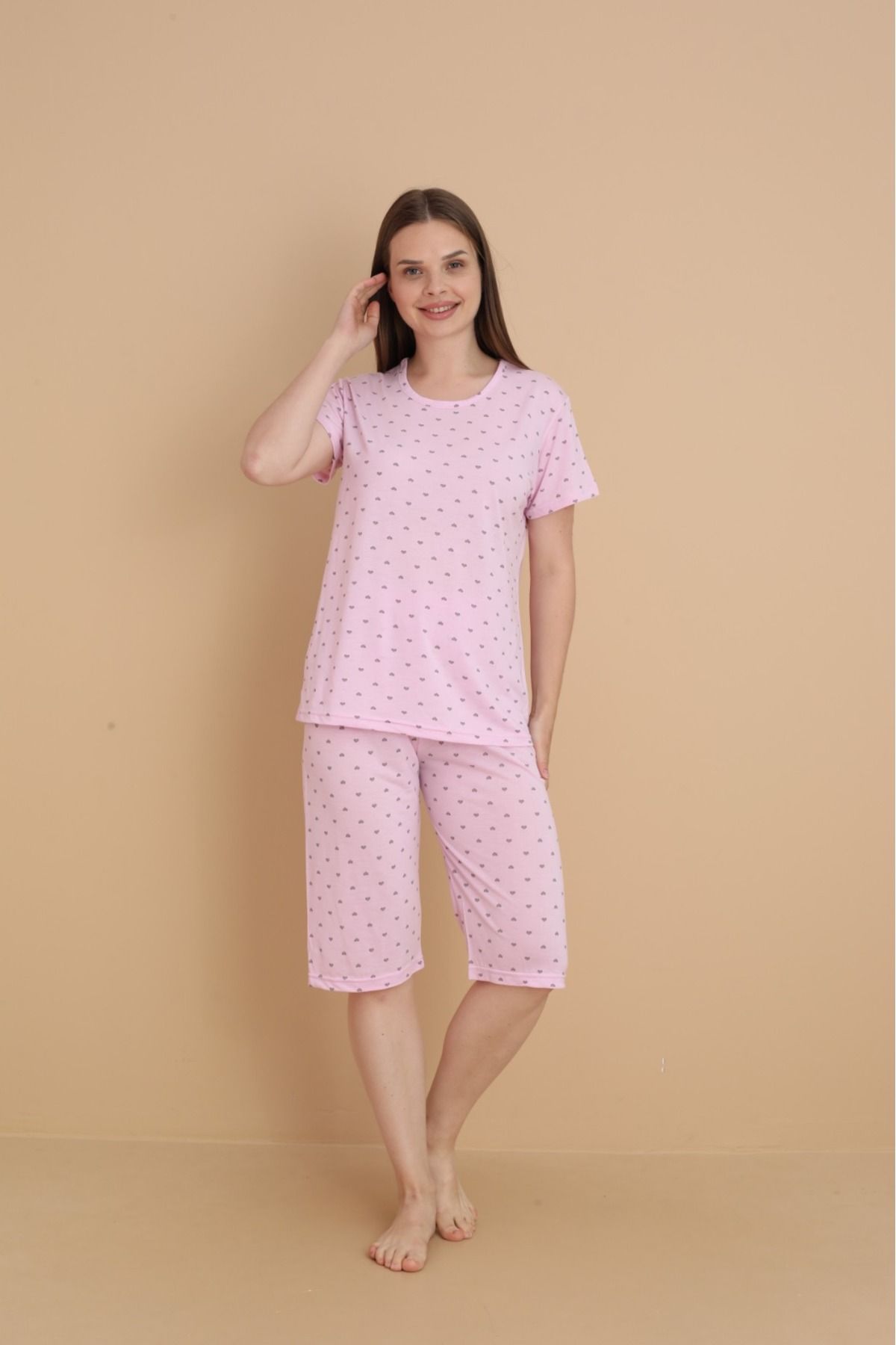PİJART Pembe kalpli viskon kapri pijama takımı