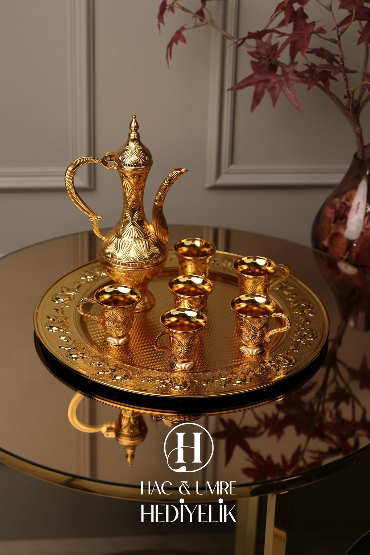 Hac Umre Hediyelik Zemzem Takımı | Gold Zemzem Sunum Seti | Zemzem Tepsisi, İbrik ve Fincan Seti
