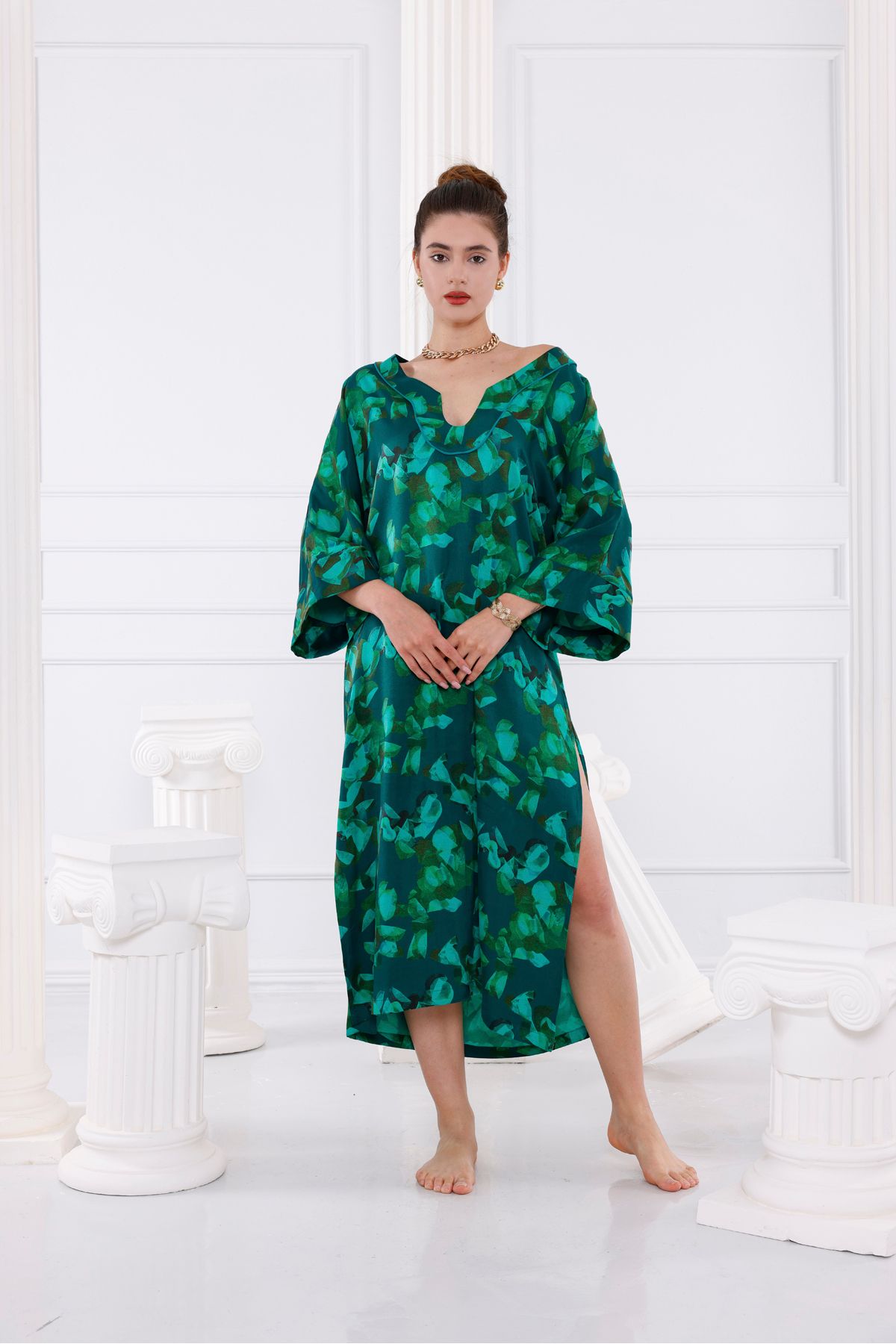 Trend Studio Nova Vegan İpek CUPRO Yeşil Kaftan