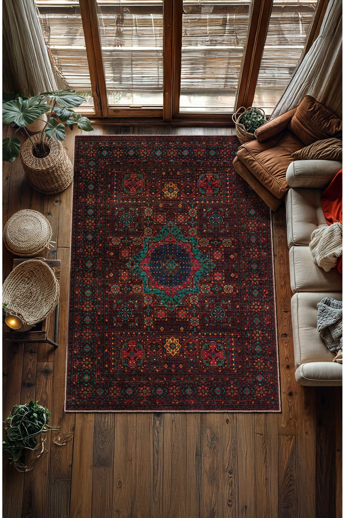 BigArts Home Makinede Yıkanabilir Kaymaz Taban Leke Tutmaz Etnik Salon Halısı Mutfak Halısı ve Yolluk