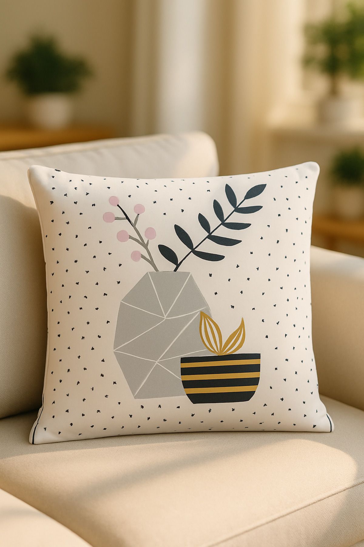 HİG HOME Skandinav Stil Bitki Desenli Kırlent Kılıfı – Modern Dijital Baskı