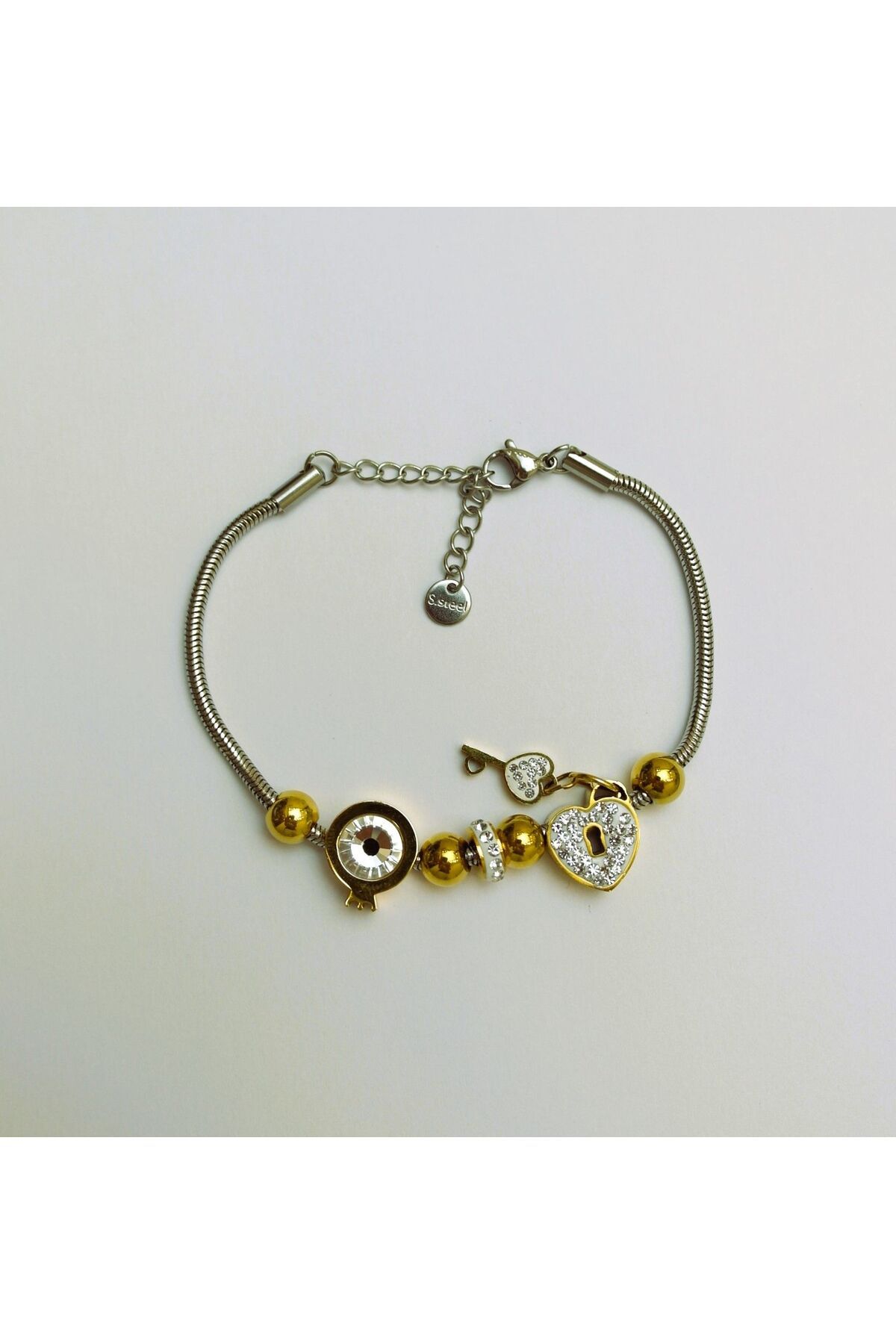 Pelek Butik Kalp Anahtar Charm Çelik Bileklik TCH23