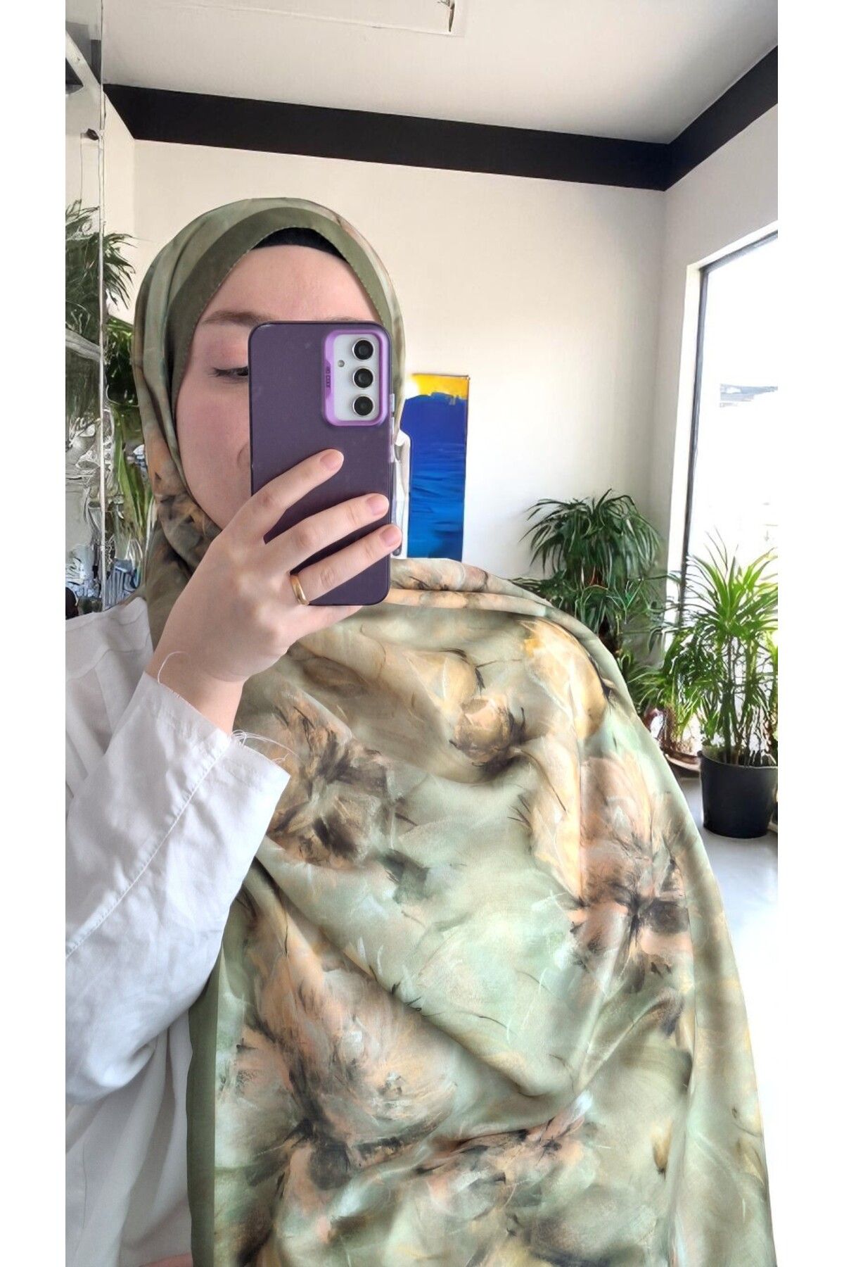 Lavena scarfs Bahar Serisi Çiçekli Desen Pamuklu Dijital Soft Şal - Haki