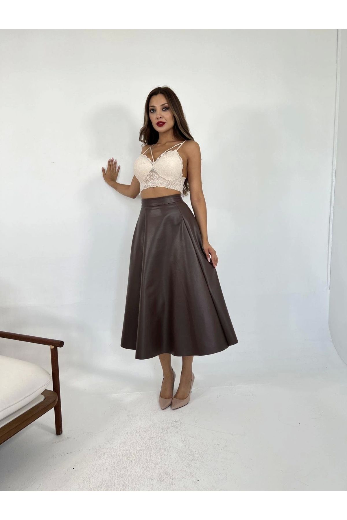 POLEXP Doğal Keten Kahverengi Etek Modeli