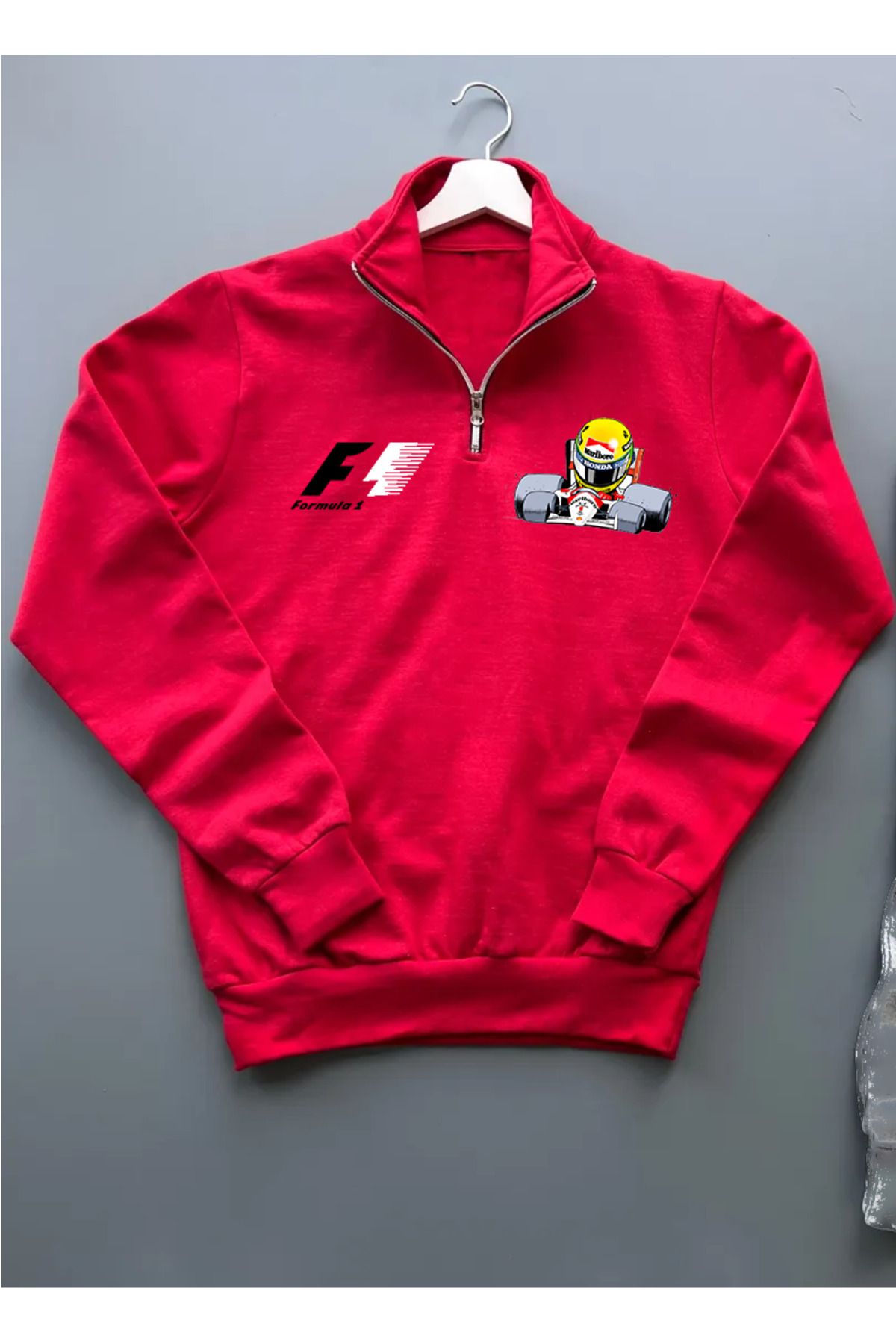 Pisa Art AYRTON SENNA EFSANE FORMULA 1 F1 ÖZEL TASARIM %100 PAMUK YARIM FERMUARLI SWEATSHİRT