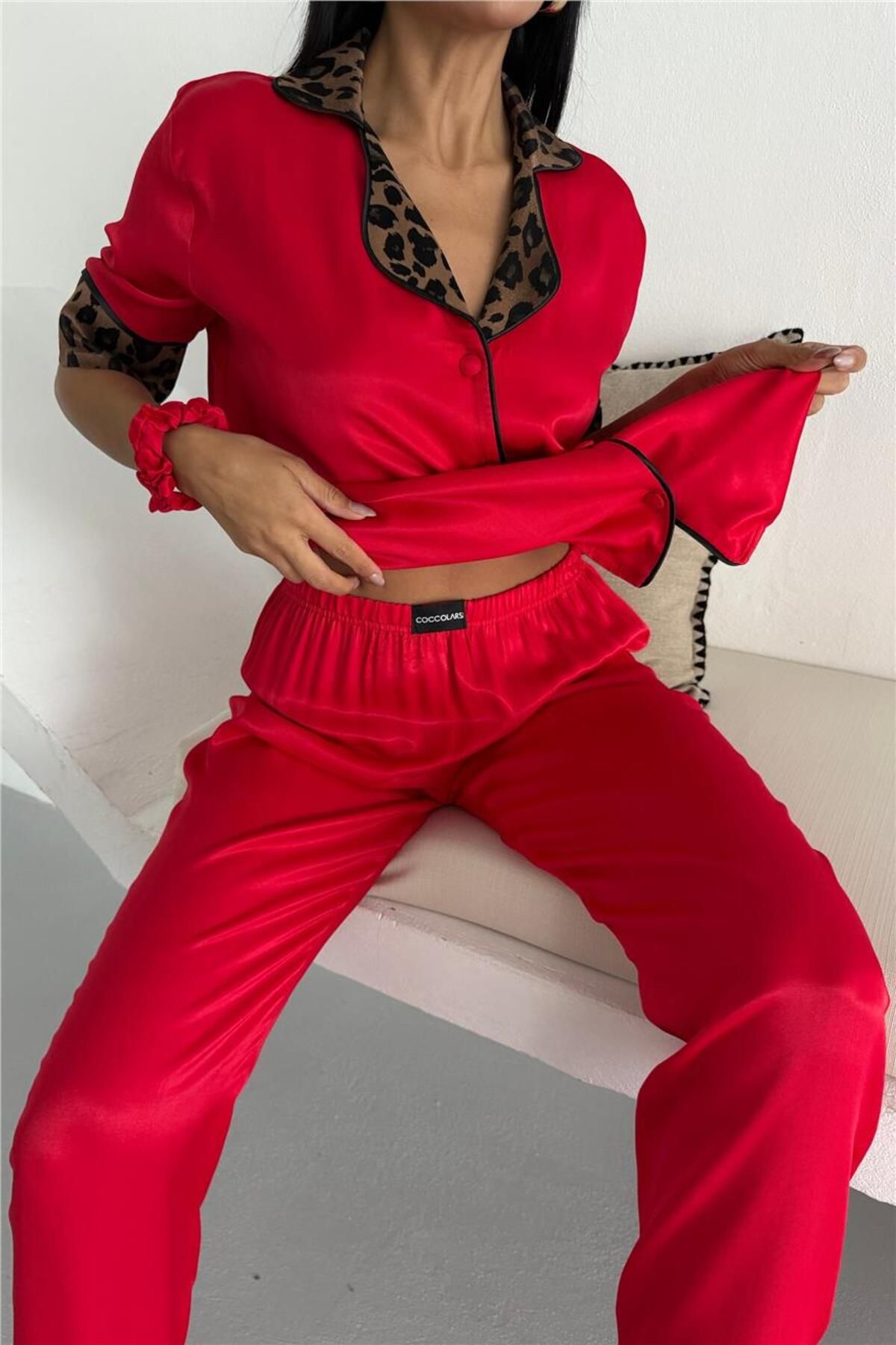 COCCOLARSI Pardo Perfetto Kırmızı Floş Saten Kısa Kol Pantolon Pijama Takımı