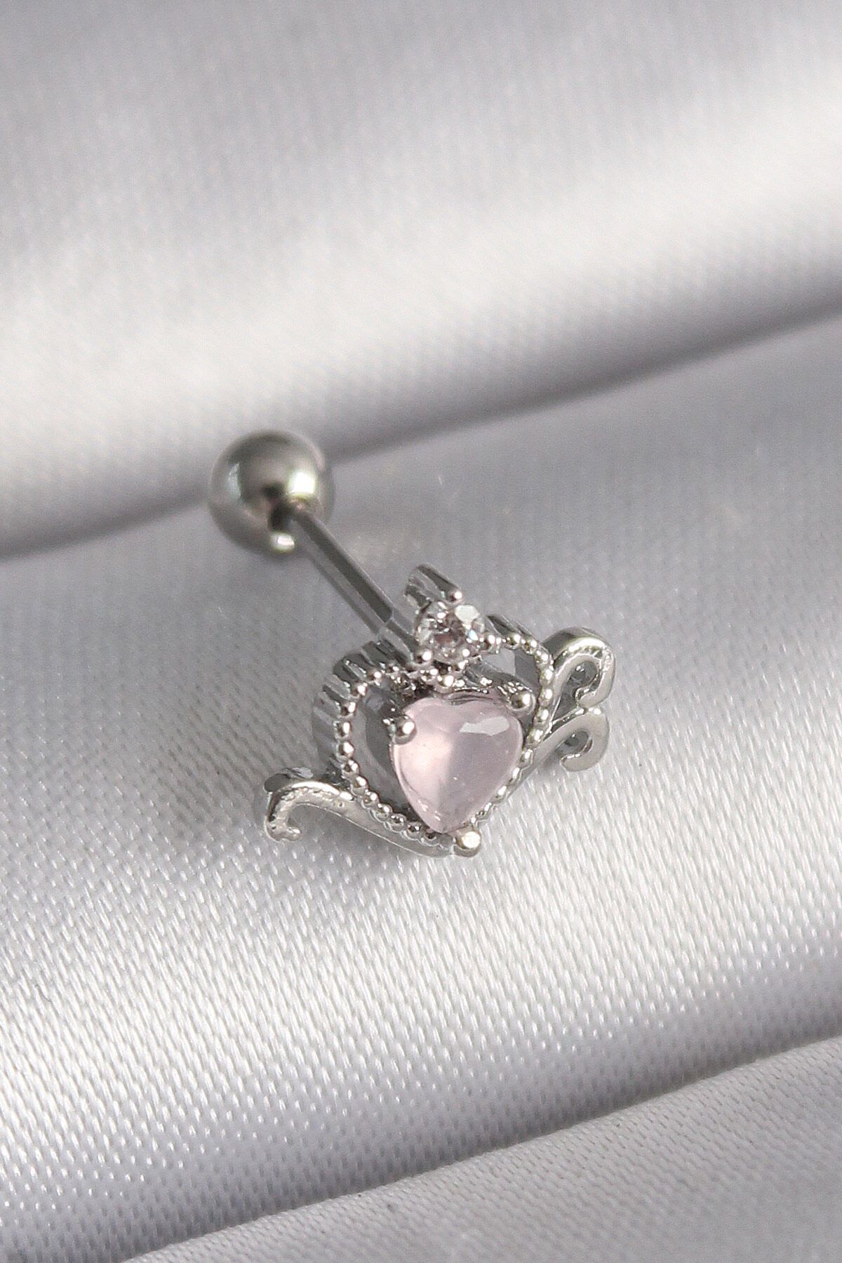 merland benvecocuk 316L Çelik Gümüş Renk Pembe Mineli Kalp Zirkon Taş Detay Tragus Piercing - Lisinya