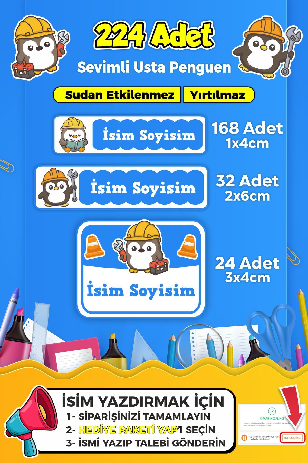 SB store Tamirci Penguen Temalı Okul Kreş Kişiye Özel İsim Etiket Seti - Model 260