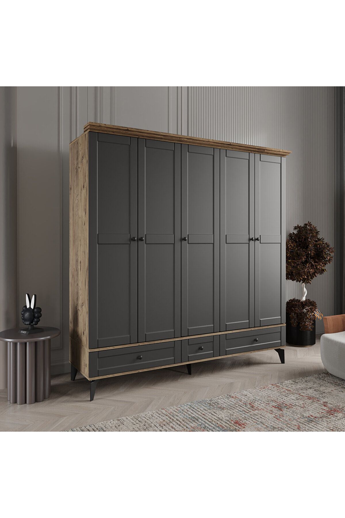 DRNHOME DALİ 5 KAPAKLI ANTRASİT GARDIROP TAMAMI MDF