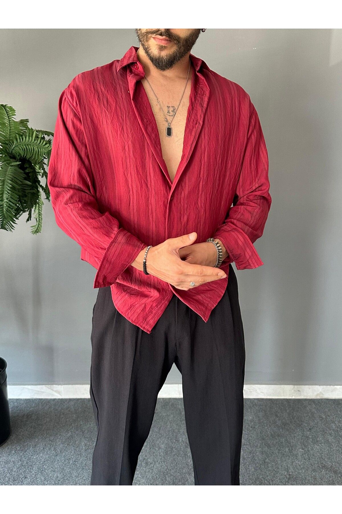 THEMANN Dikey Çizgili Modal Kumaş Bordo Oversize Gömlek