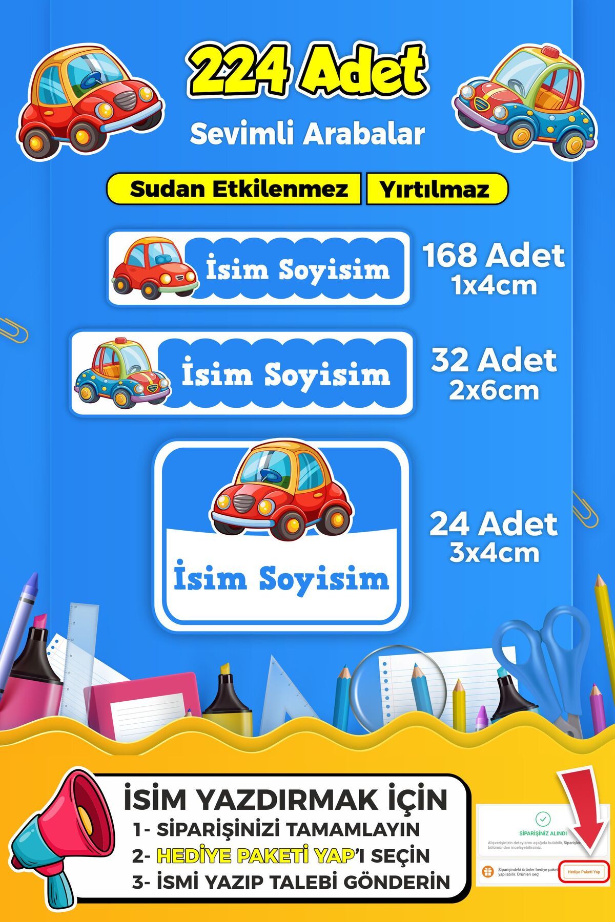 SB store Sevimli Arabalar Temalı Okul Kreş Kişiye Özel İsim Etiket Seti - Model 268