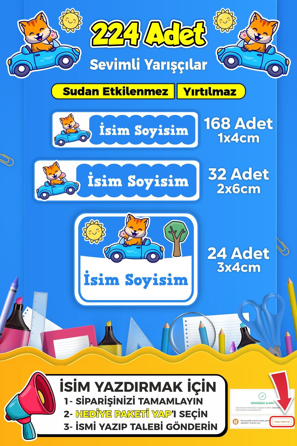 SB store Sevimli Yarışçı Temalı Okul Kreş Kişiye Özel İsim Etiket Seti - Model 269