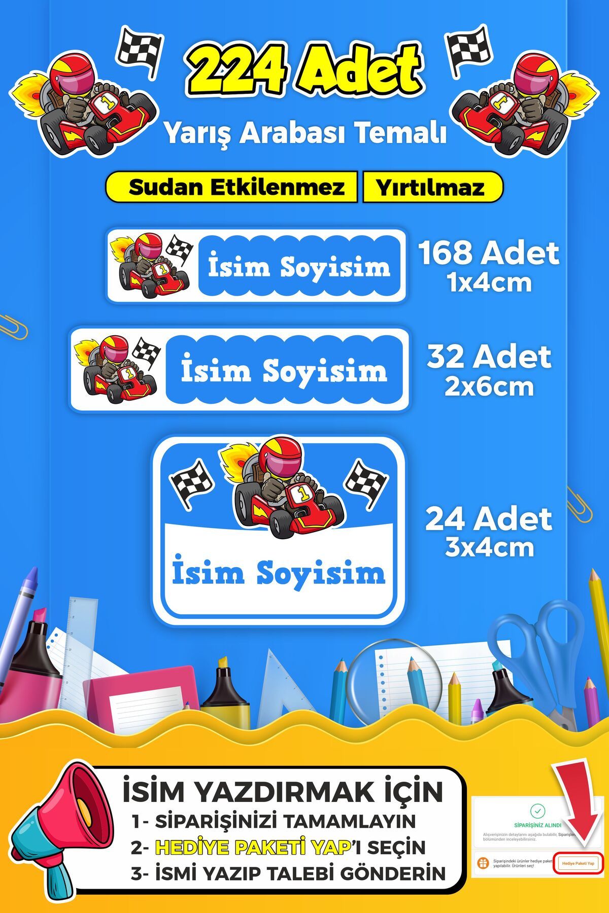 SB store Yarış Arabası Temalı Okul Kreş Kişiye Özel İsim Etiket Seti - Model 265