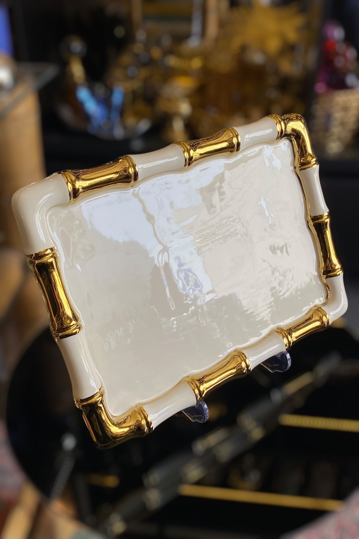 LEMİ DEKORASYON Gold Detaylı Porselen Bambu Sunumluk