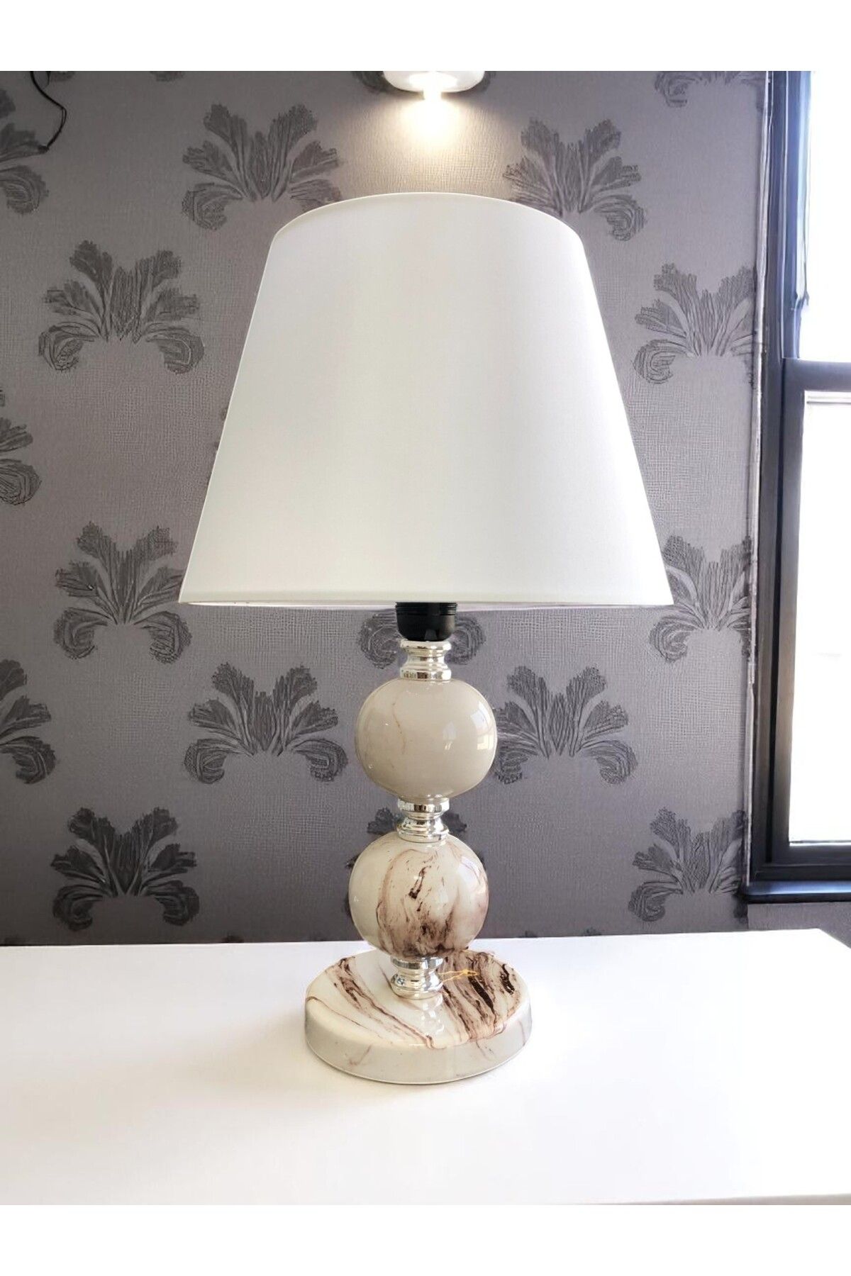 ferayhome Abajur Aydınlatma Seramik Toplu Kahverengi Marble Beyaz Şapka GÜMÜŞ