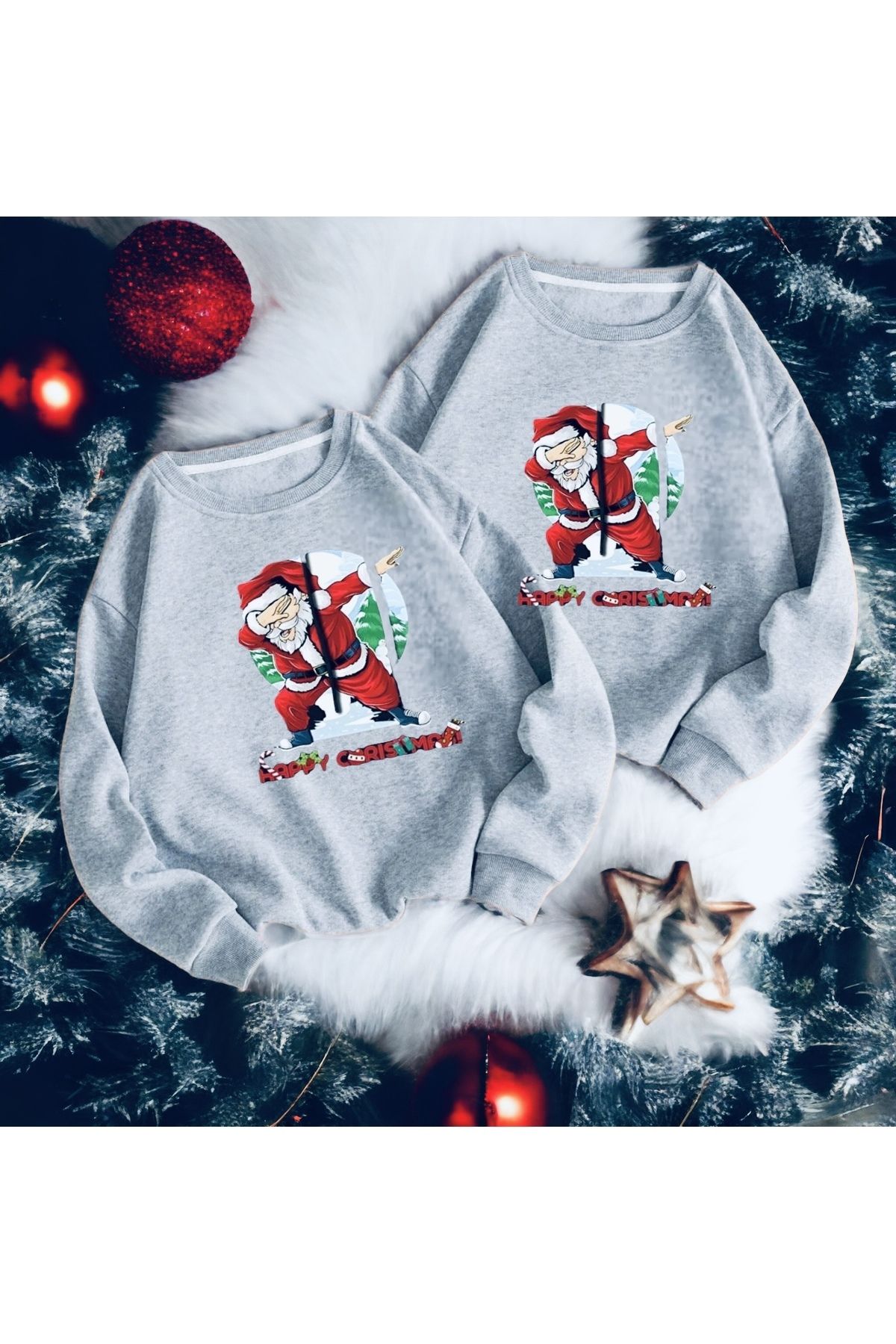 Pisa Art Sevgili Kombini Yılbaşı Noel Baba Baskılı Siyah Sweatshirt