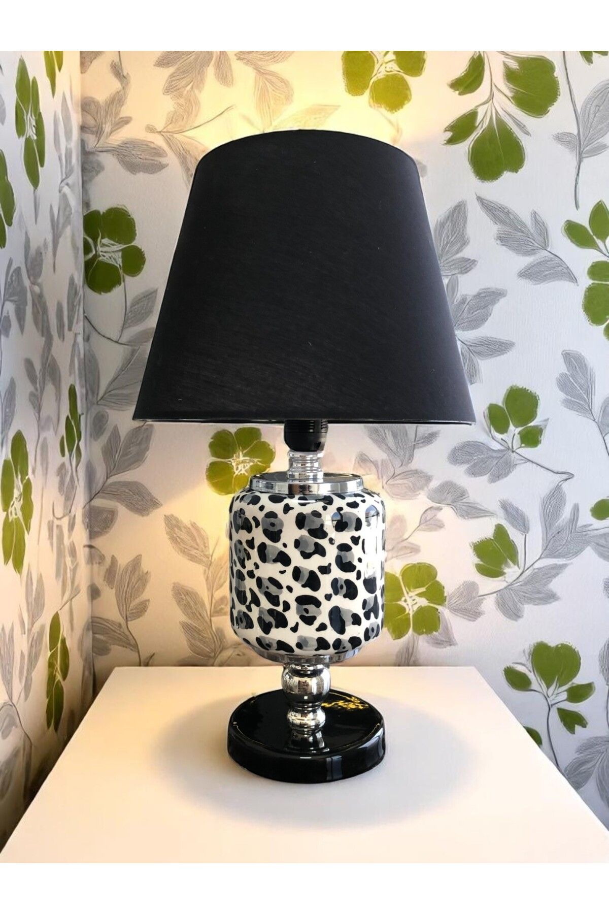 ferayhome Abajur Aydınlatma Seramik Oval Gri Leopar Desen Siyah Şapka GÜMÜŞ - Feray Home