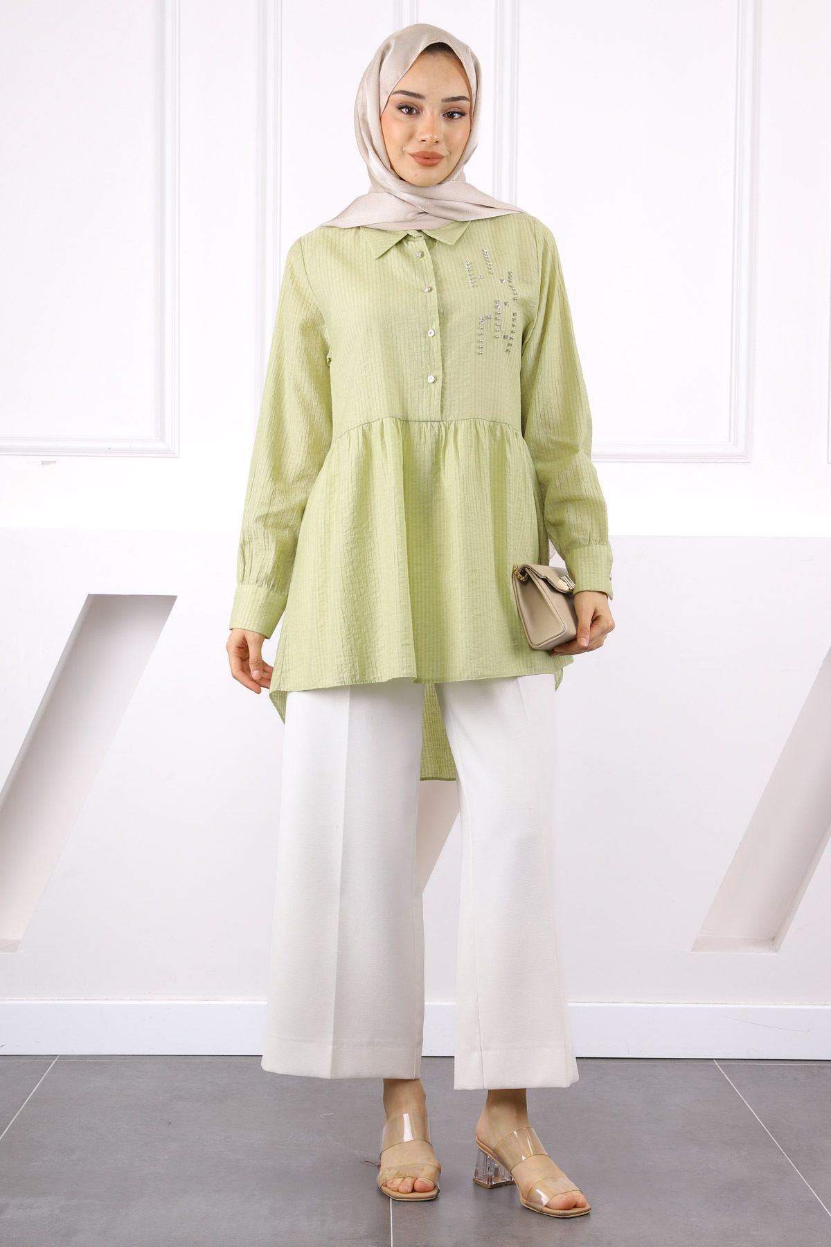 İmajButik Mint Yeşili Taş Detaylı Tunik